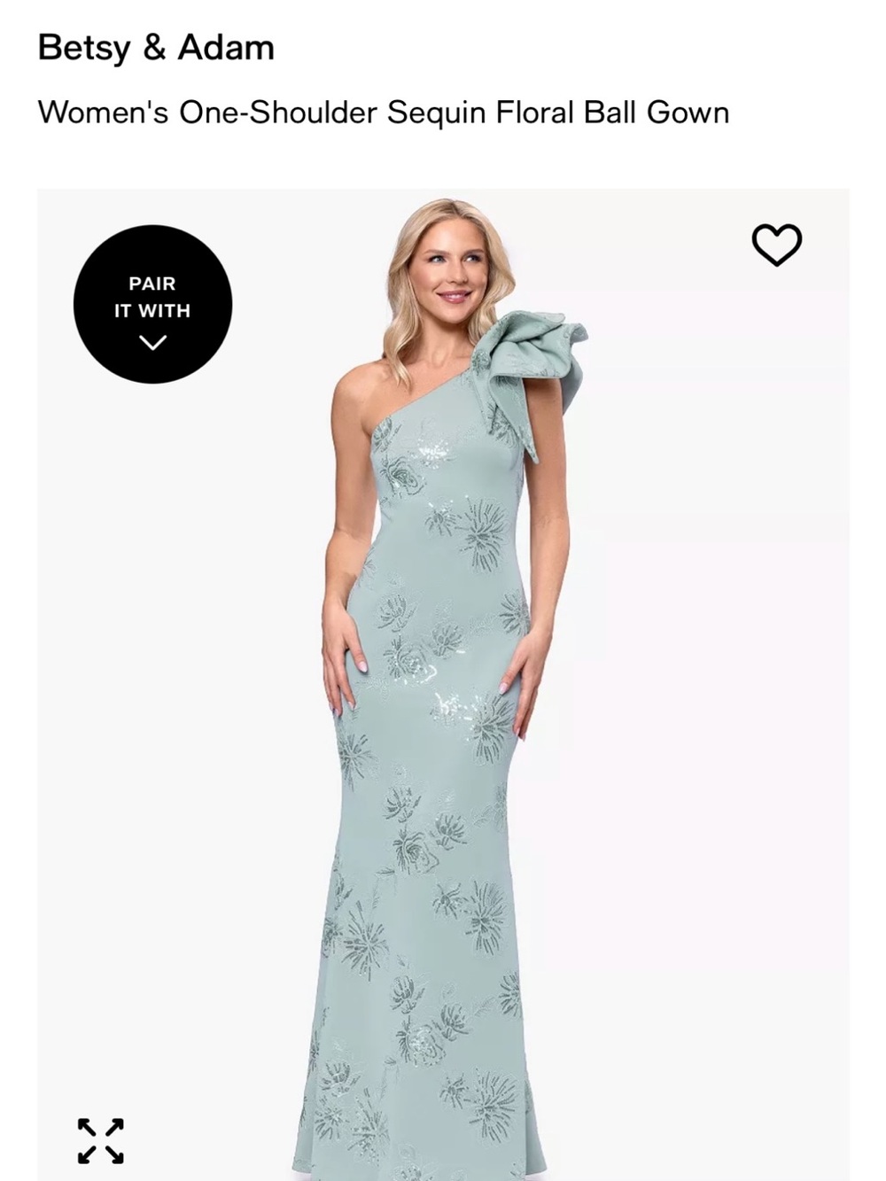 Betsy & Adam One-Shoulder Sequin Floral Gown in Mint